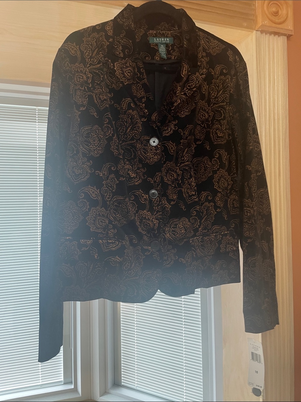 Lauren Ralph Lauren Black Velvet Blazer with Bronze Paisley Pattern